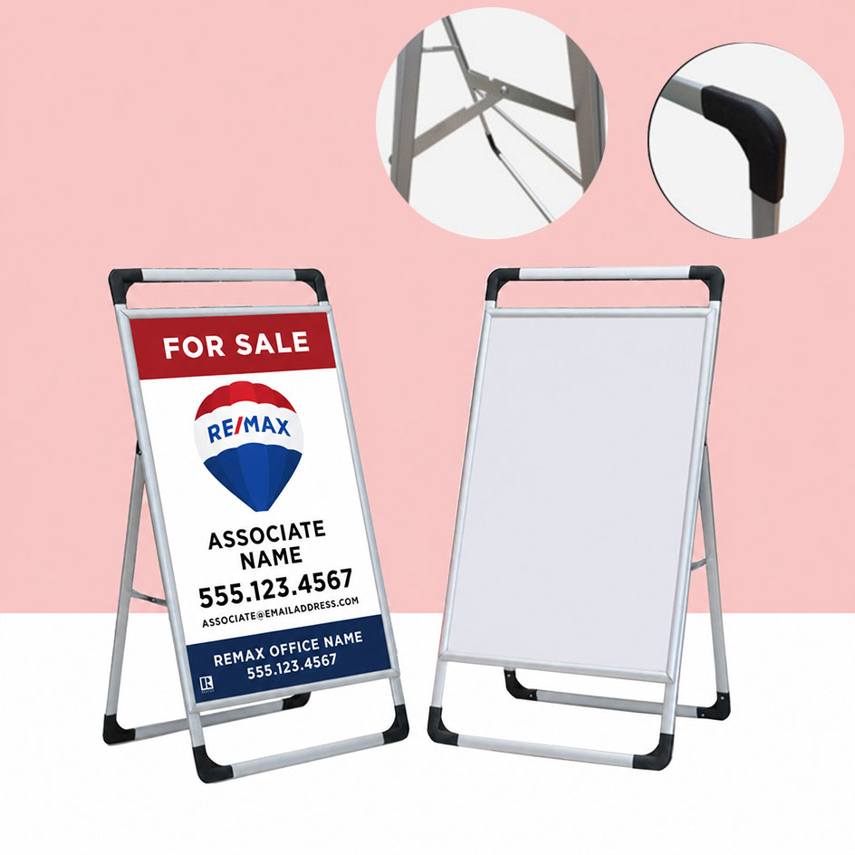 A-frame sidewalk sign with custom printed FOR SALE real estate panel
