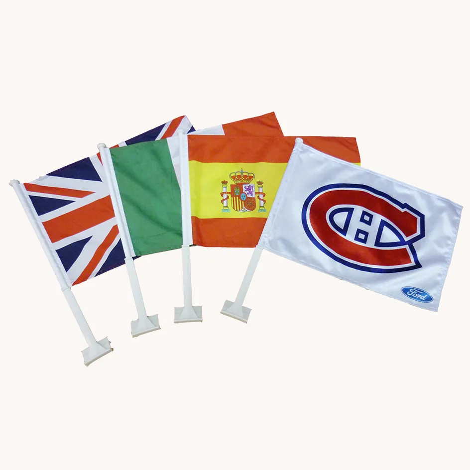 Custom car window flags with white clip-on poles, showing UK, Italy, Spain and a printed sports team flag for vehicle promotions