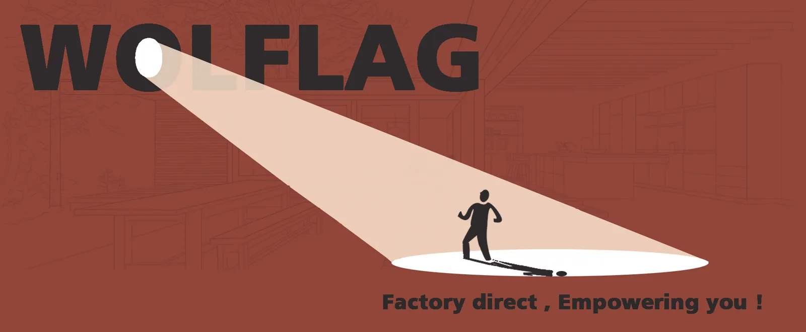 Wolflag factory-direct promotional banner reading Factory direct, Empowering you