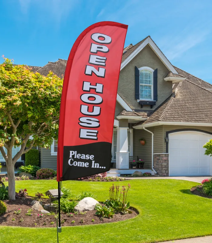 Wolflag custom real estate feather flag printed with 'OPEN HOUSE' and 'Please Come In' for outdoor property marketing.