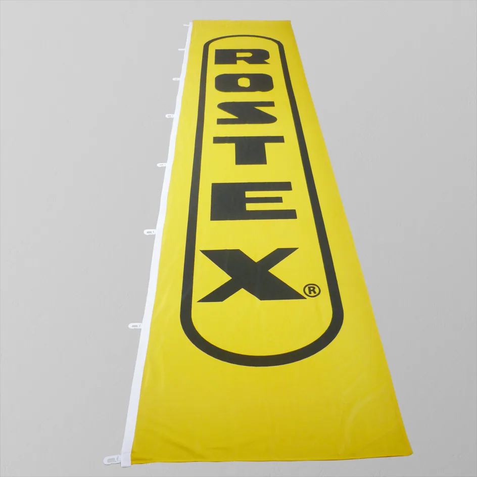 Custom hook banner with printed brand logo on yellow fabric