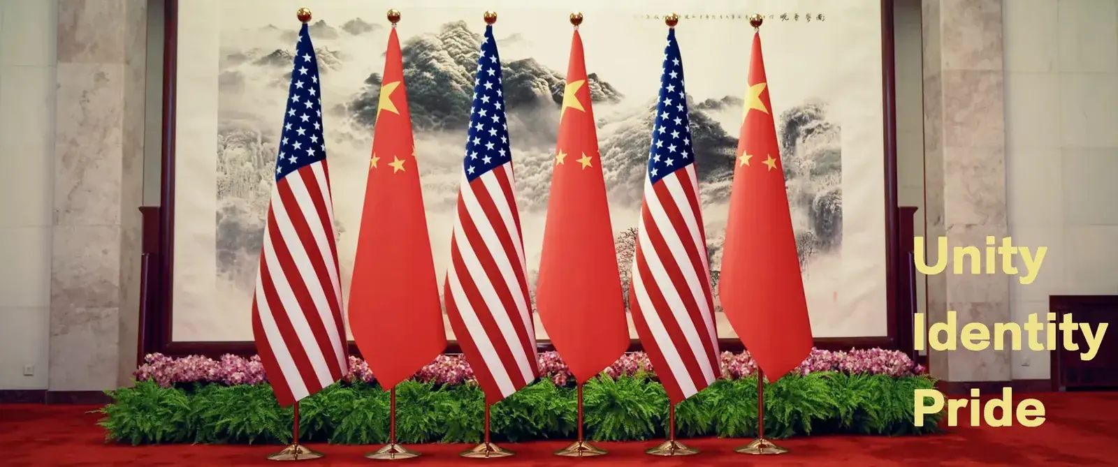 Indoor flag display with USA and China national flags on gold-based flagpoles