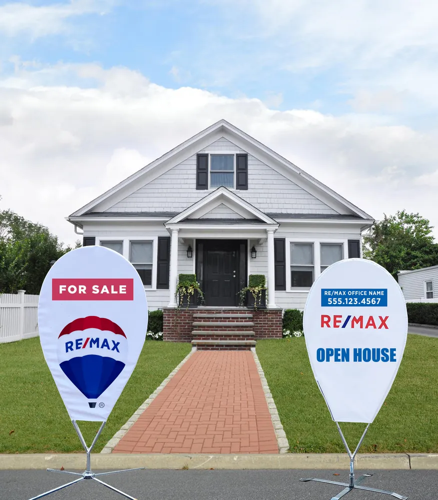 Wolflag factory-direct custom pinpoint flags for real estate open houses, printed teardrop flags with FOR SALE and OPEN HOUSE for RE/MAX property promotions.