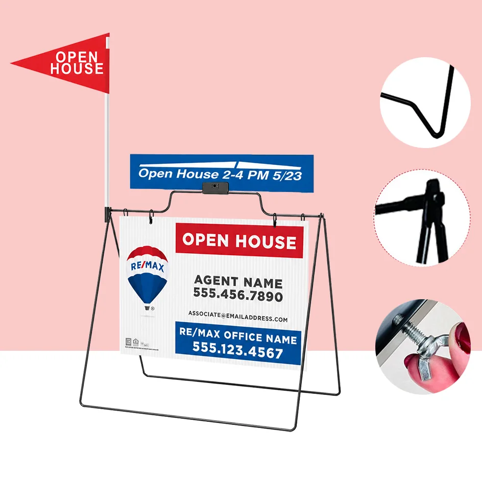 Real estate open house A-frame sign with pennant flag and custom panels