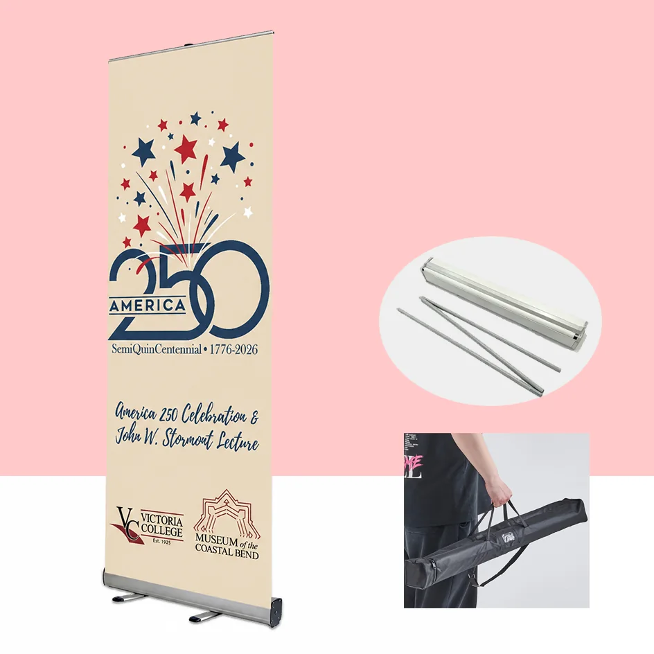 Retractable roll up banner stand with custom printed graphic and carry bag