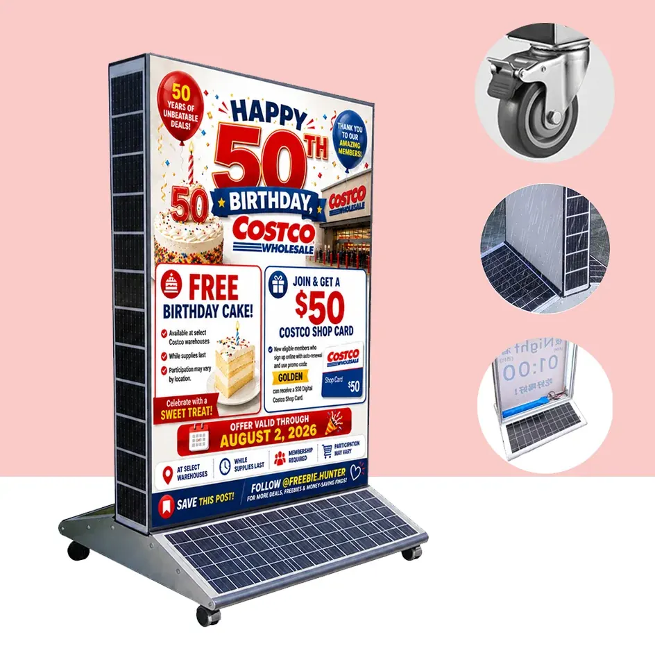 Solar powered light box display stand with caster wheels for outdoor advertising