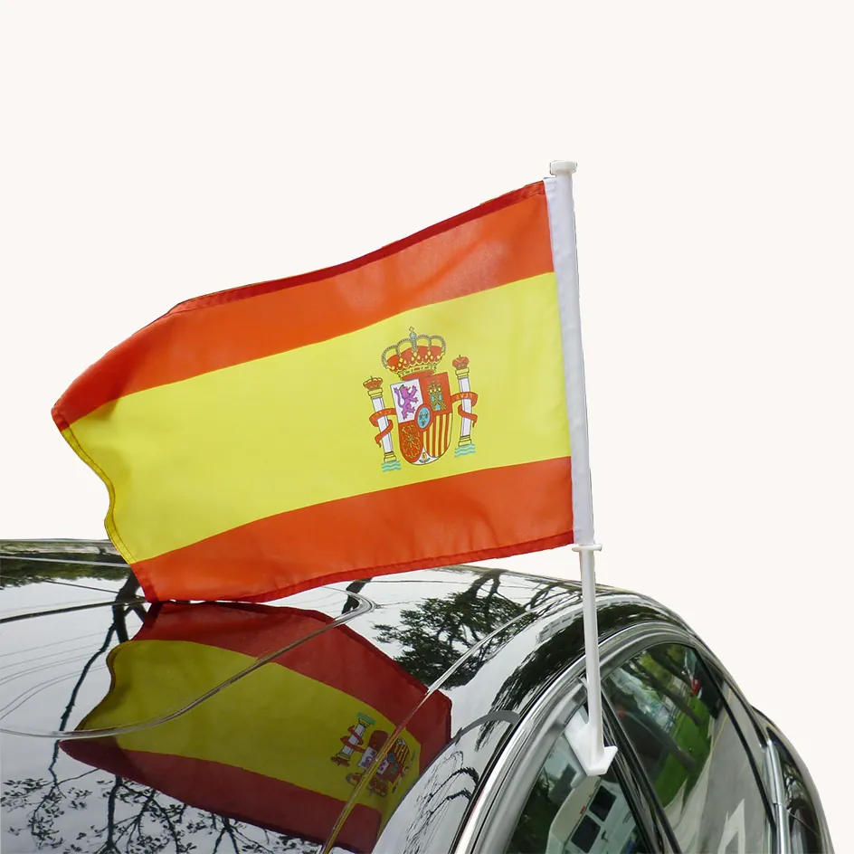 Spain car flag with white pole and window clip mount fitted to a vehicle, shown waving while driving