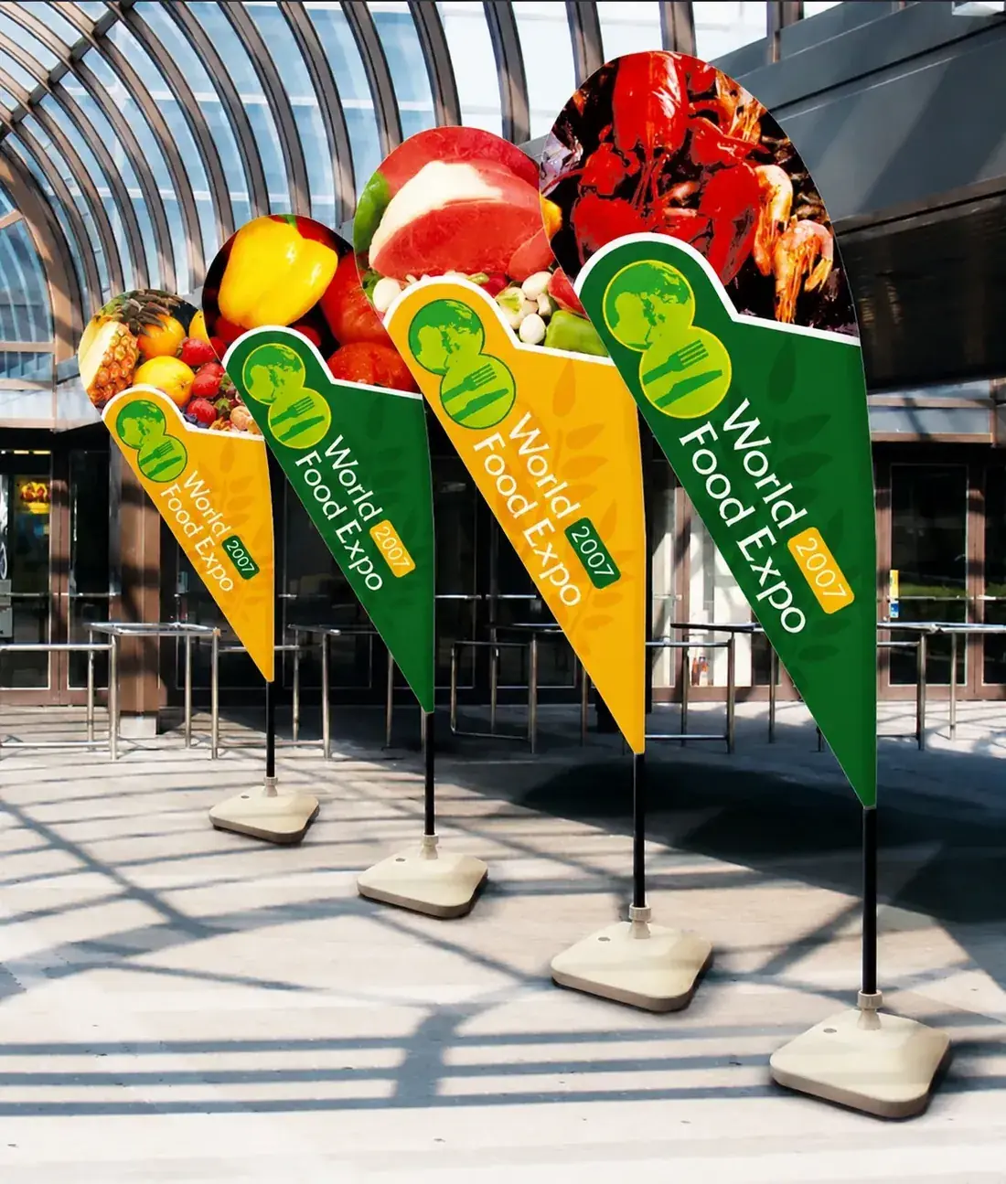Wolflag factory-direct custom teardrop flags for World Food Expo 2007, printed indoor exhibition flags for trade shows, expos, and event promotions