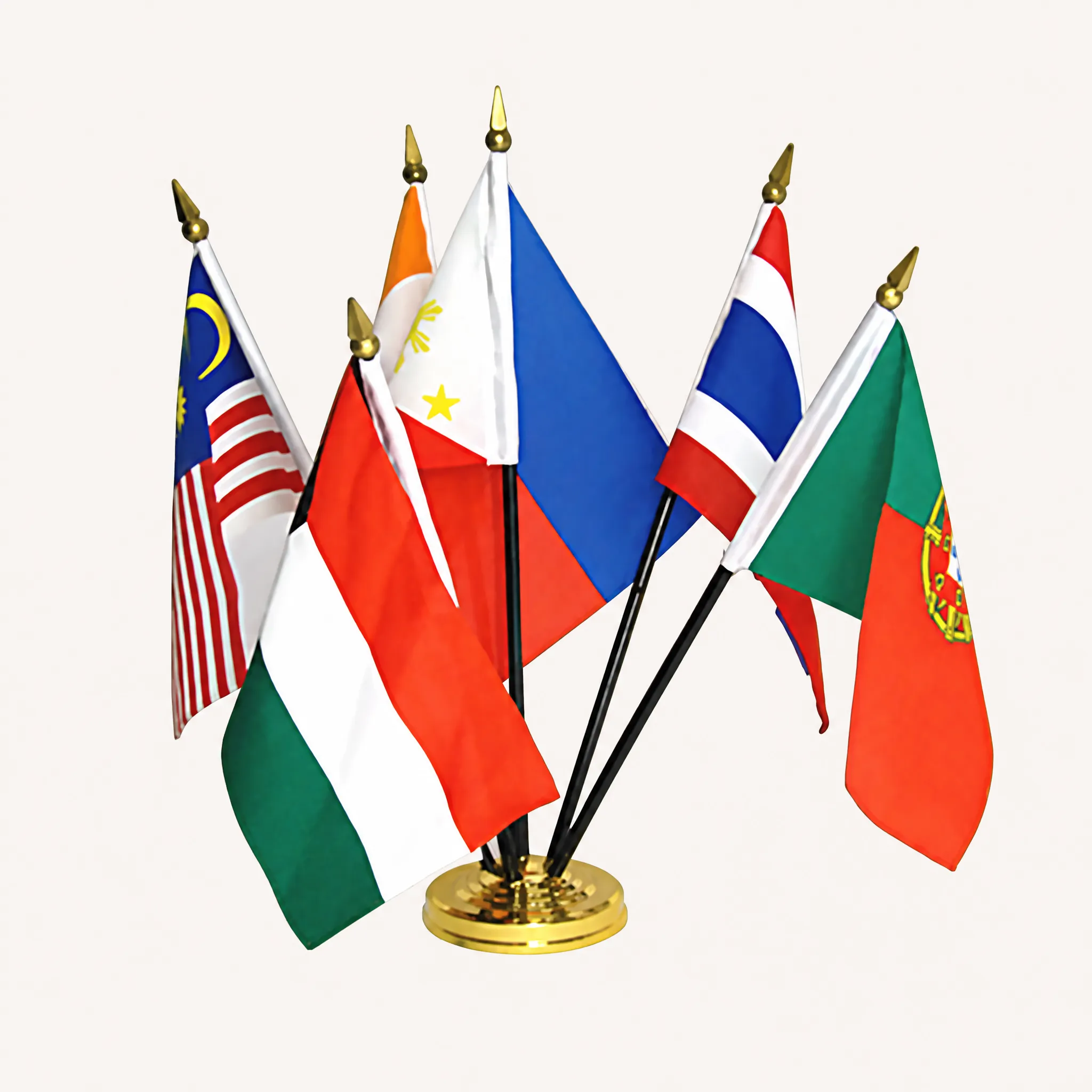 Wolflag 6-pole table flag stand with polished gold round base displaying miniature international flags for conference tables