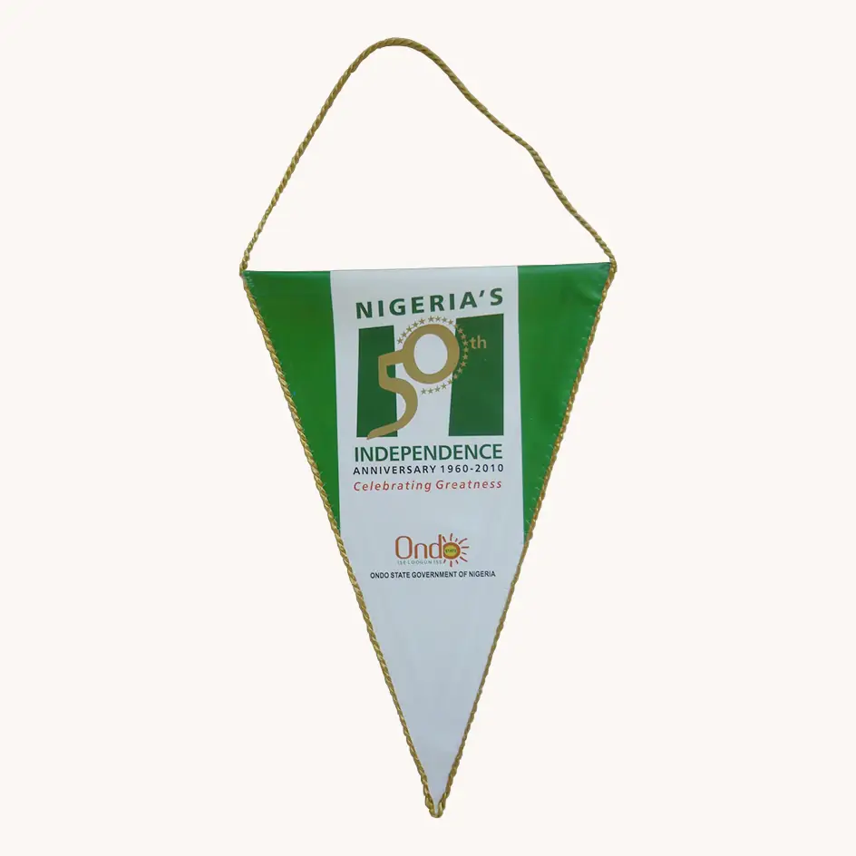 Custom club pennant flag with gold rope trim celebrating Nigeria's 50th independence anniversary in green and white