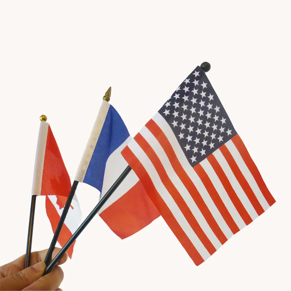 Hand waving custom country stick flags including USA and France, showing the lightweight plastic pole grip in use