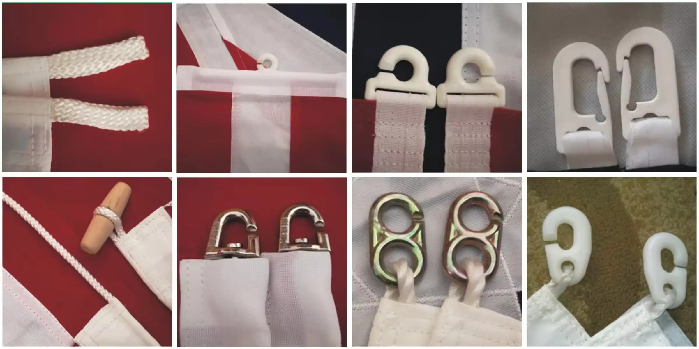 Wolflag custom flag finishing options grid showing webbing loops, plastic snap hooks, metal swivel clips, figure-8 hooks, and rope with wooden toggle.