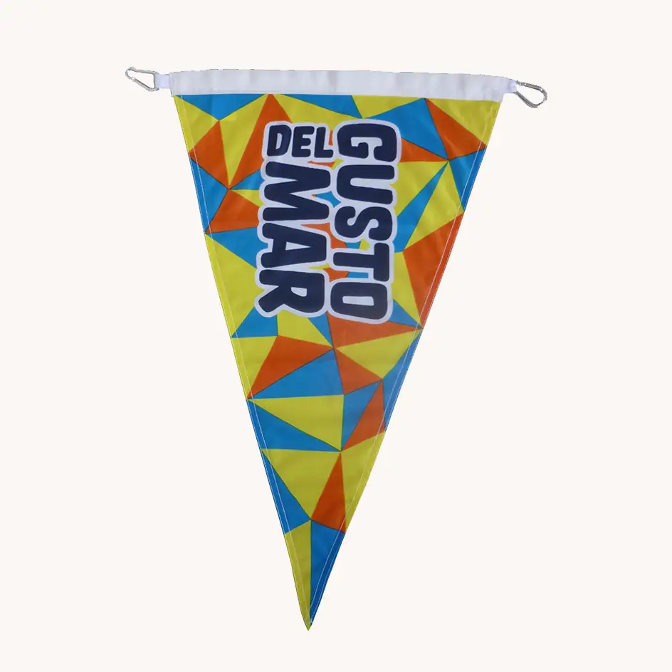 Custom full-color printed marine pennant flag with reinforced header and snap hook, manufactured by Wolflag for boats and yacht clubs.