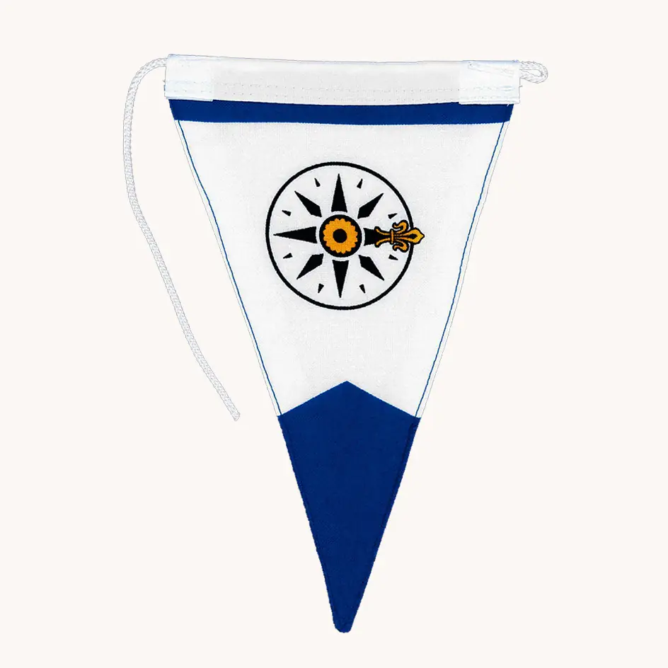 Custom hanging pennant banner in white and navy blue with a printed compass rose emblem and rope header for yacht clubs