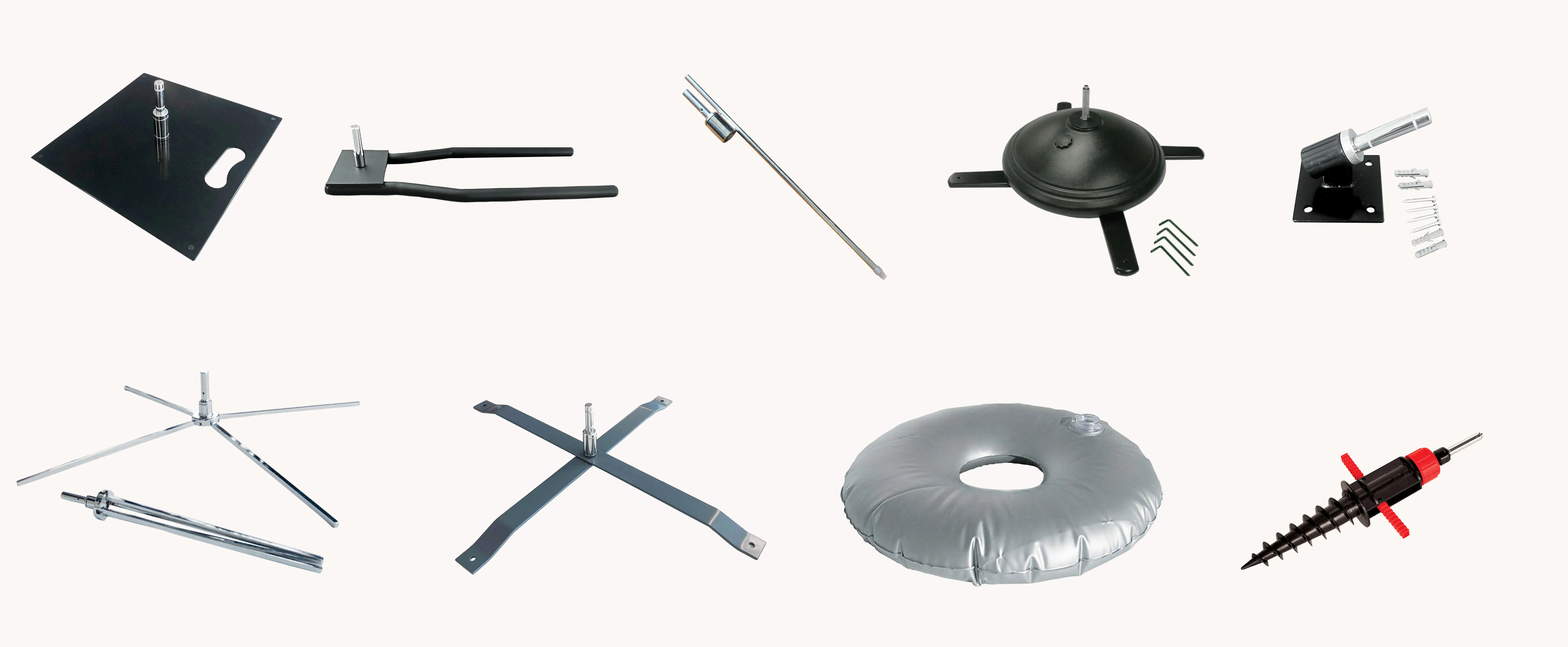 Wolflag universal feather and teardrop flag base options including square steel plate, car wheel base, ground spike, water tank, wall mount, cross bases, water weight bag, and sand auger.