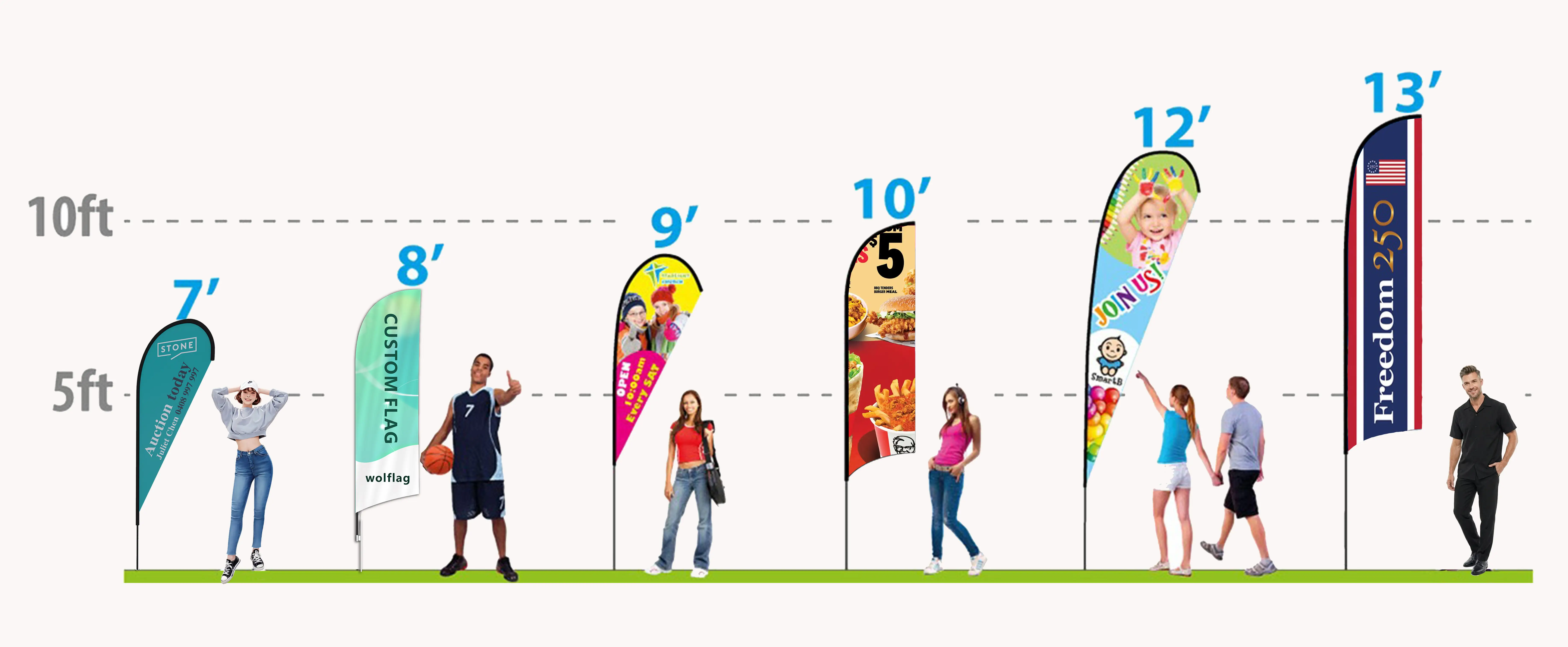 Wolflag feather and teardrop flag size comparison chart from 7ft to 13ft shown next to people for real-life height scale.