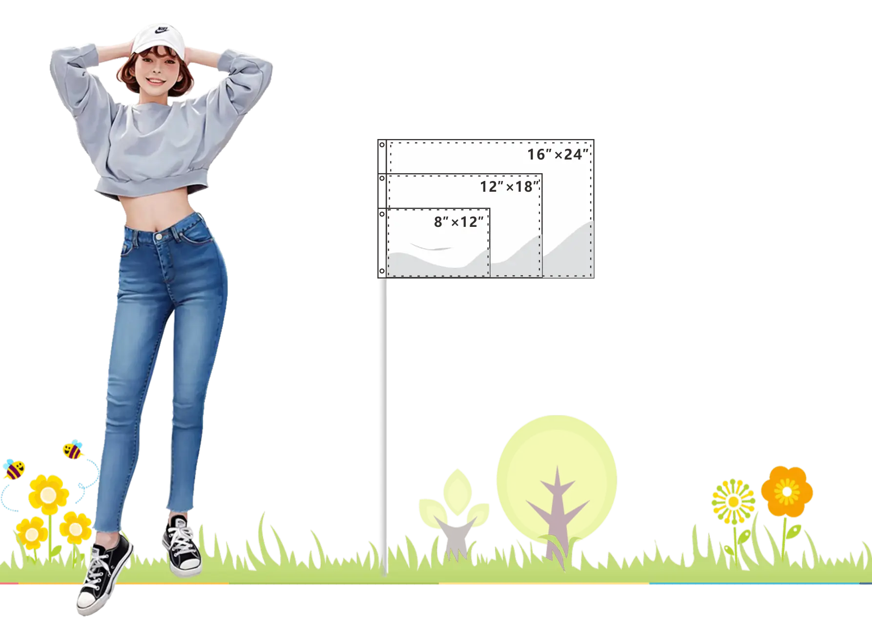 Wolflag mini stick flag and handheld flag size comparison chart showing 8x12 inch, 12x18 inch, and 16x24 inch flags on a pole next to a person for real-life scale.
