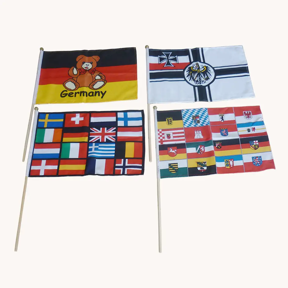 Custom printed mini stick flags on white wooden poles including German themed designs, a European country flag grid and German state flags