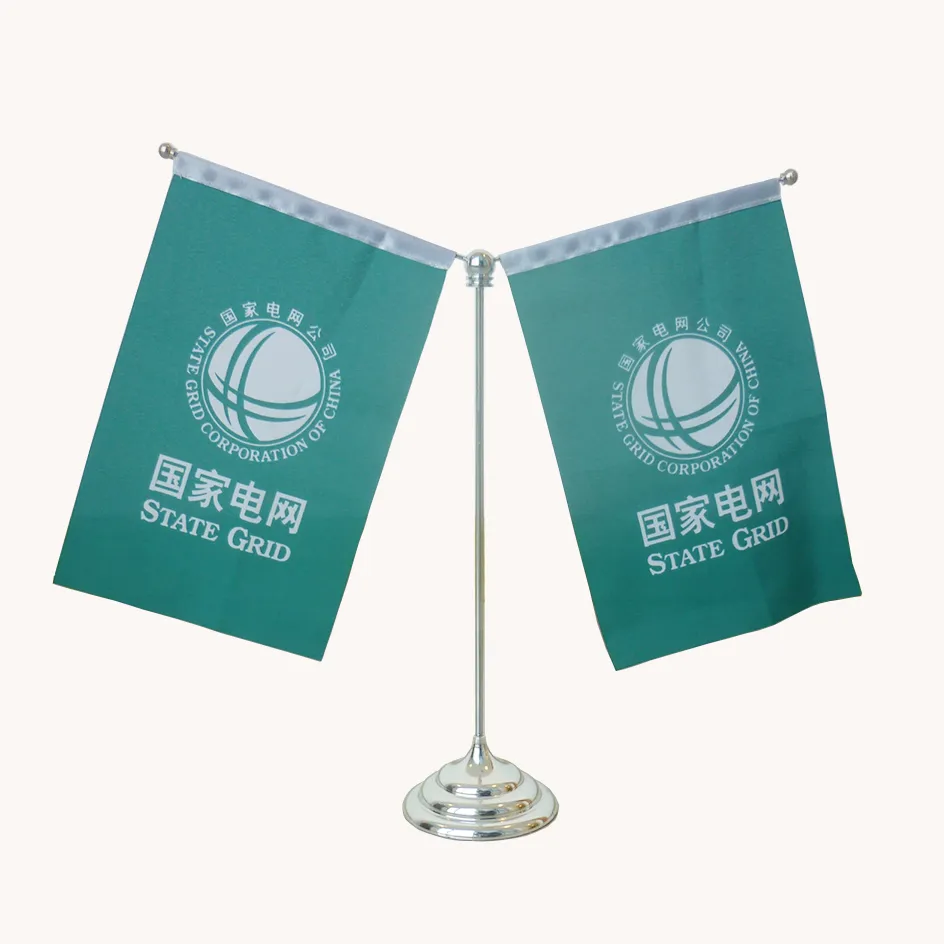 Stainless steel Y-shaped double desk flag stand with chrome base and two custom printed corporate logo desk flags