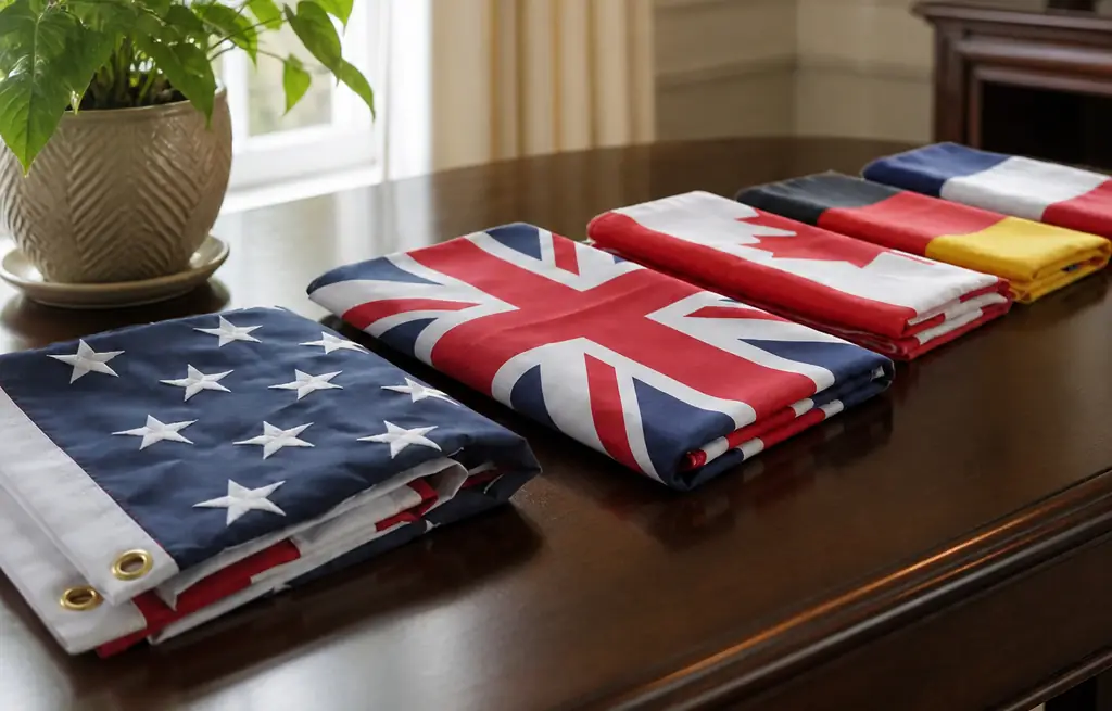 Custom national flags featuring durable canvas headers and brass grommets, folded uniformly for bulk multi-country orders