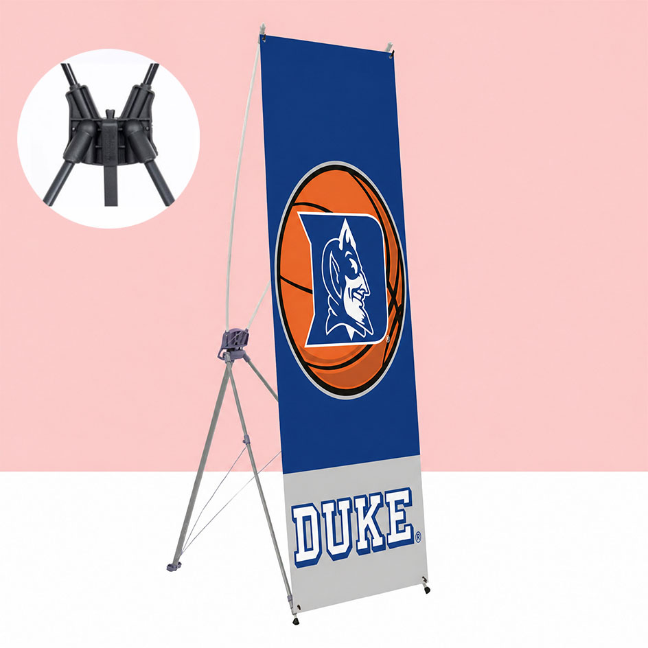 X-banner stand with tripod base and custom printed sports banner